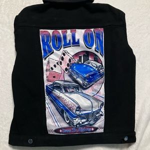 Shien, Black Graphic Denim Roll On Jacket